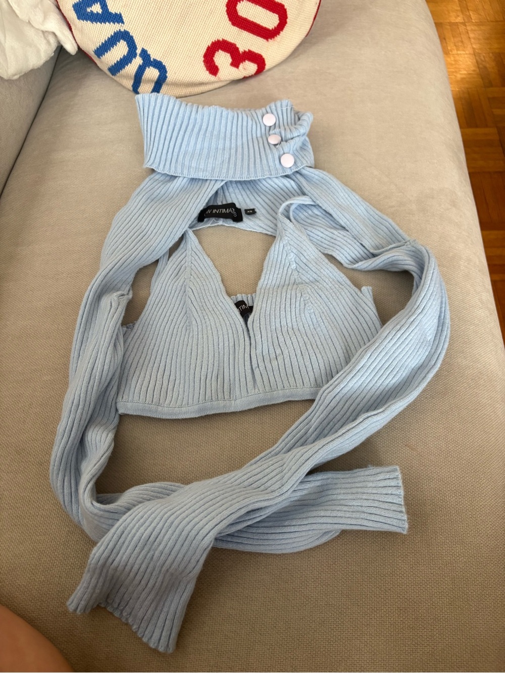 Ribbed Light Blue Cropped Wrap Top with Buttoned Neck